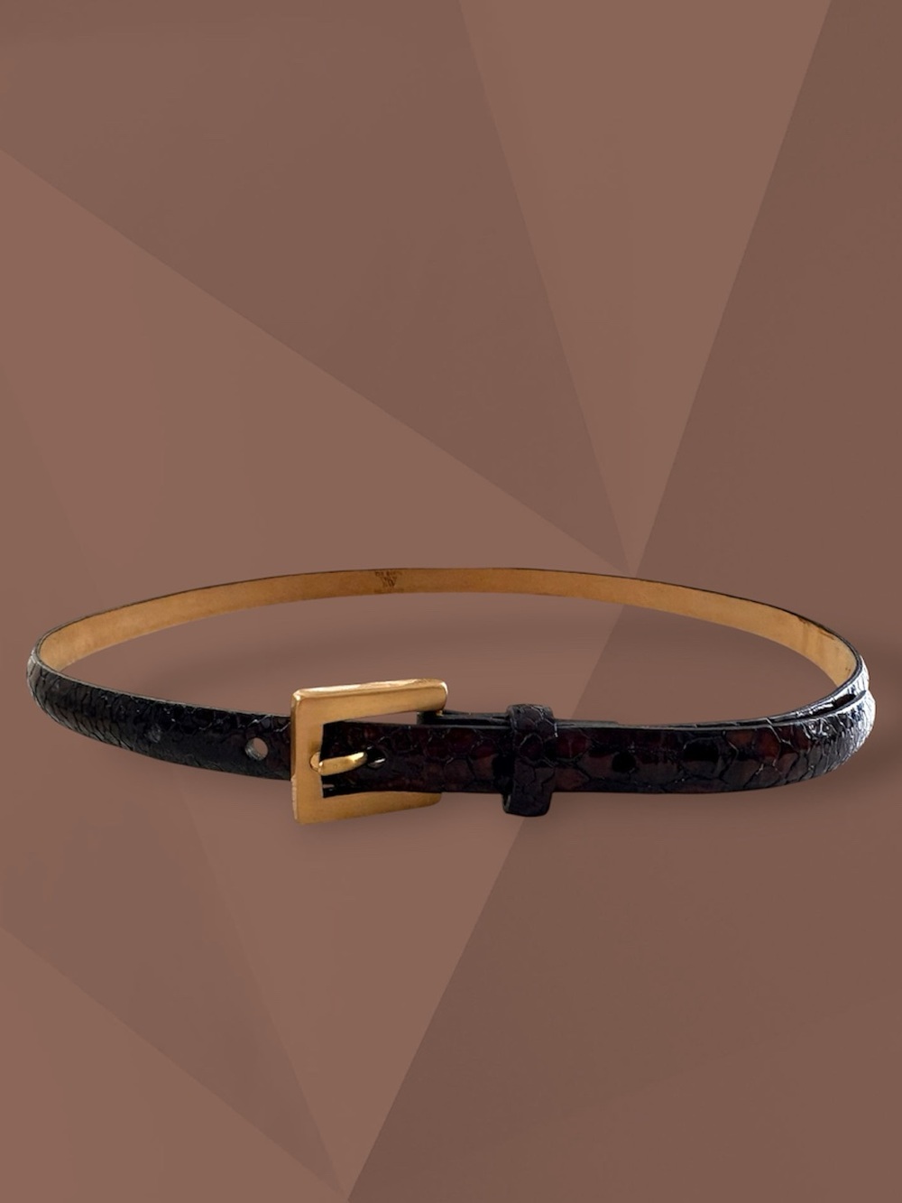 The Worth Collection Croc Tortoise Patent Leather Brass Buckle Skinny Belt S/M